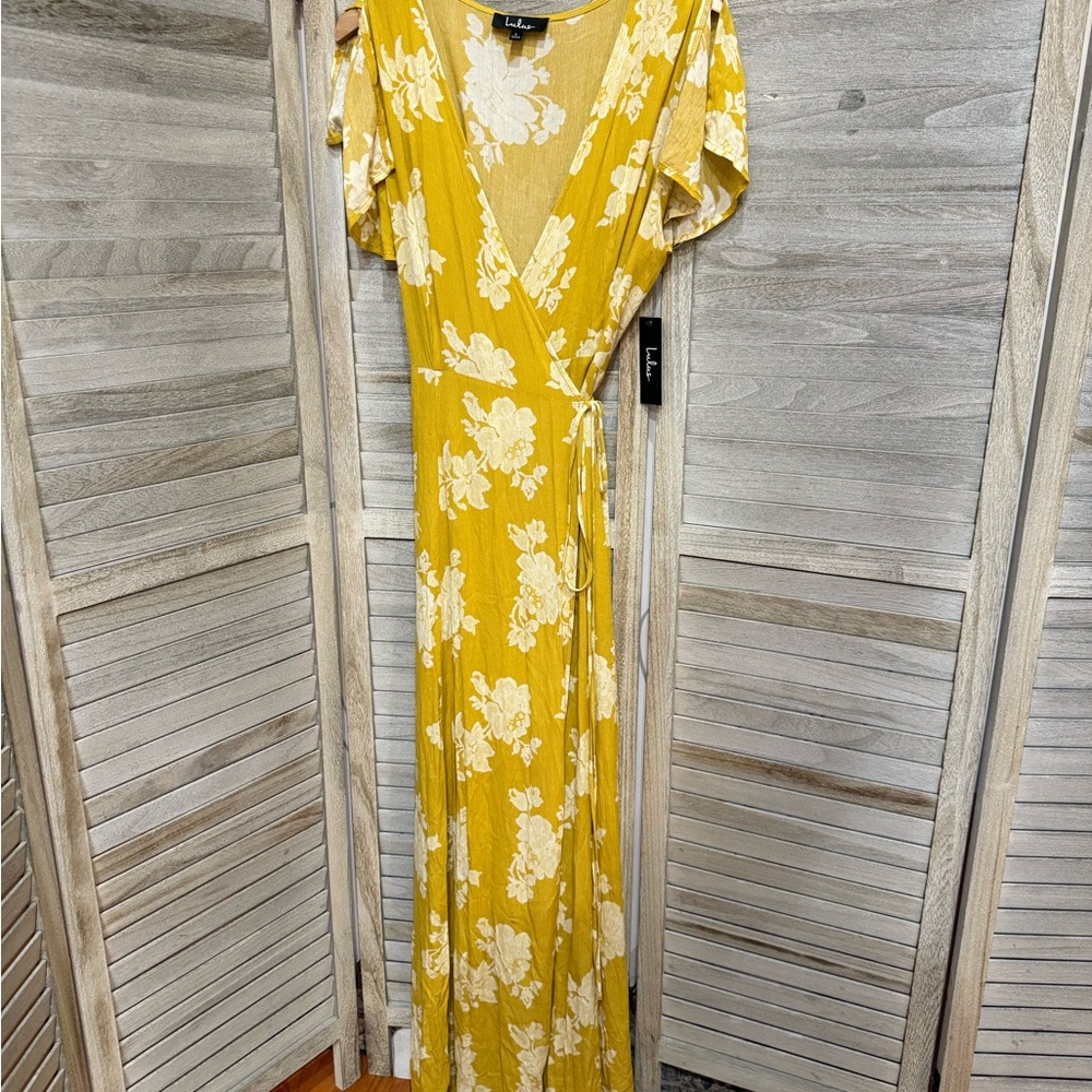 NWT Lulus Heart of Marigold Floral Yellow Wrap Maxi Dress